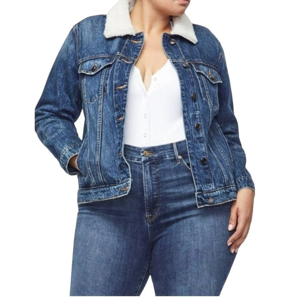 Good American Boyfriend Denim Shearling Jacket In Blue Size XL Oversized Sherpa